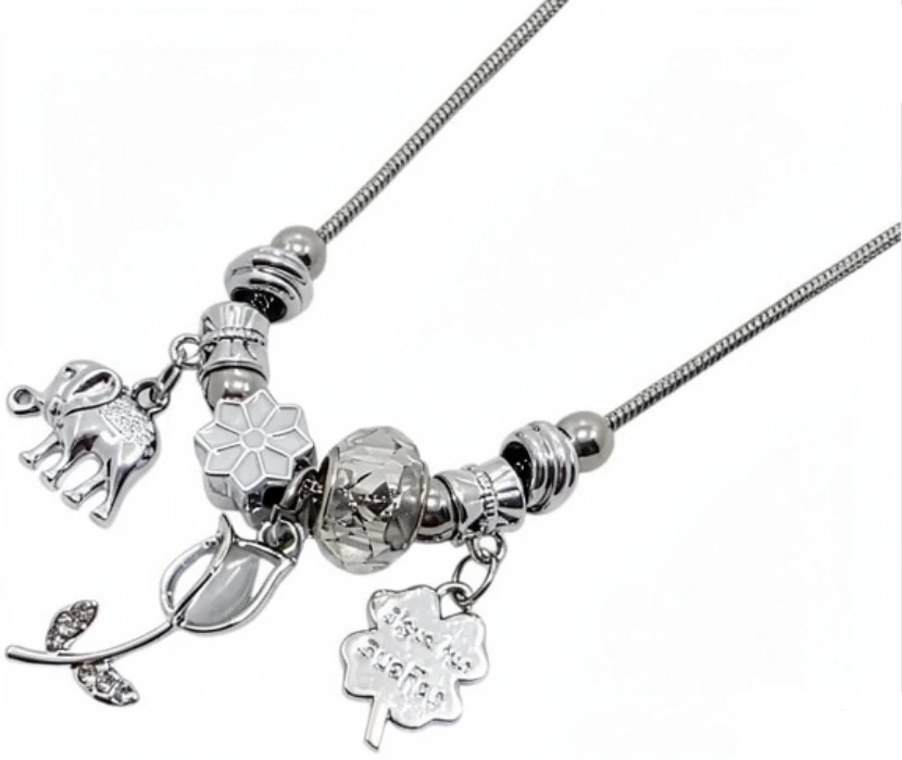 Cadena de acero quirurgico cola de raton simil pandora con dijes fantasia elefante tulipan 45cm + 5c